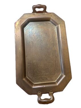 Antique-Style Brass Serving Tray with Handles - Gold Finish